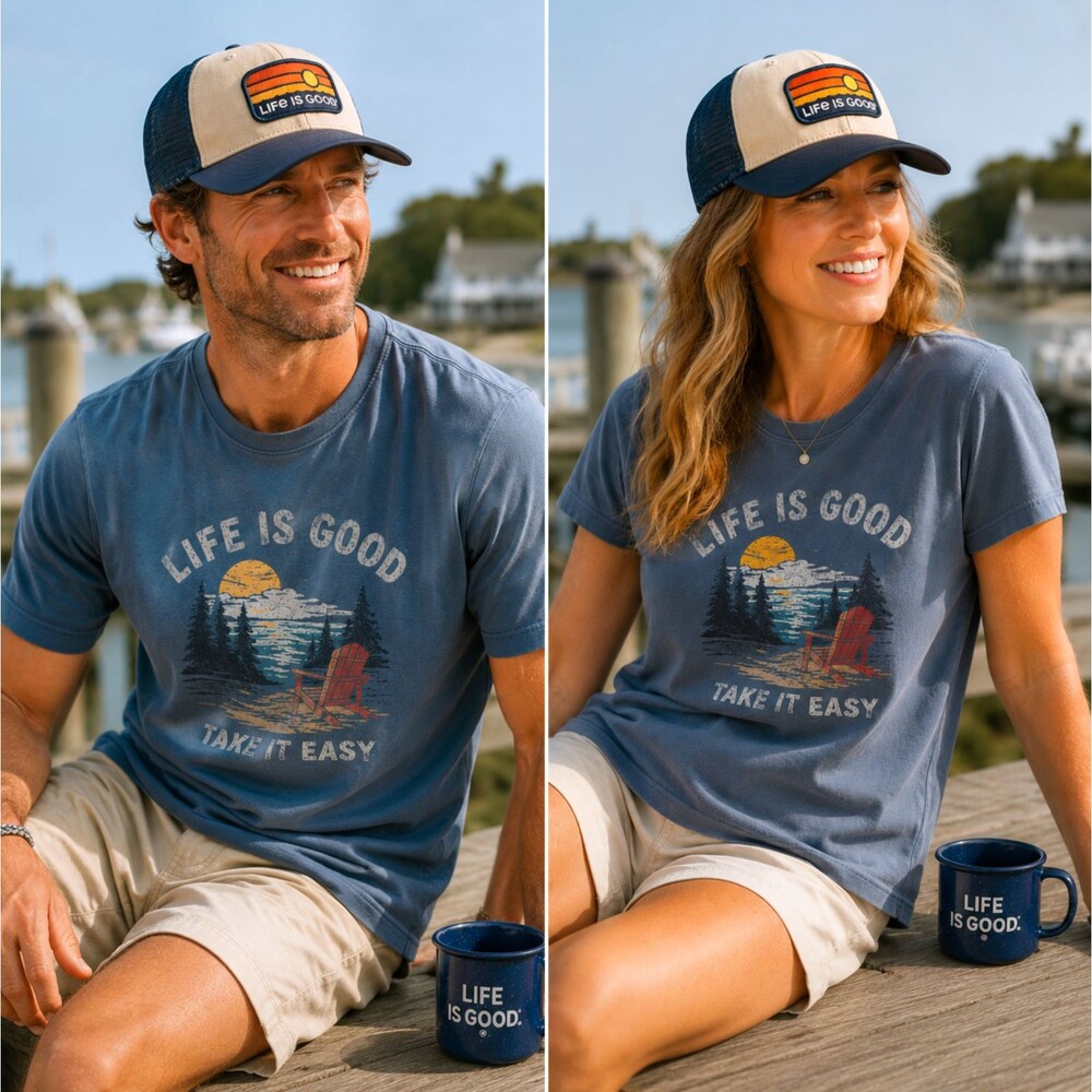 Life is Good Sunrise Water Stripe Trucker Hat Blue Snapback Patch Outdoor NWT